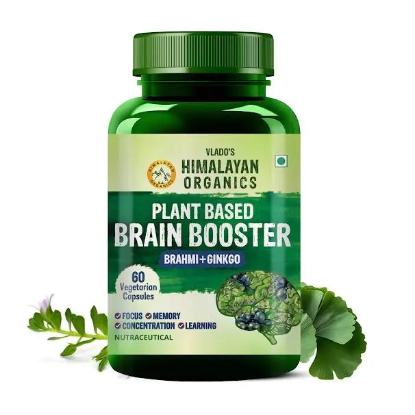 Vlado's Himalayan Organics Plant Based Brain Booster Supplement with Ginkgo Biloba & Brahmi | Boost concentration & Memory | 60 Veg Capsules