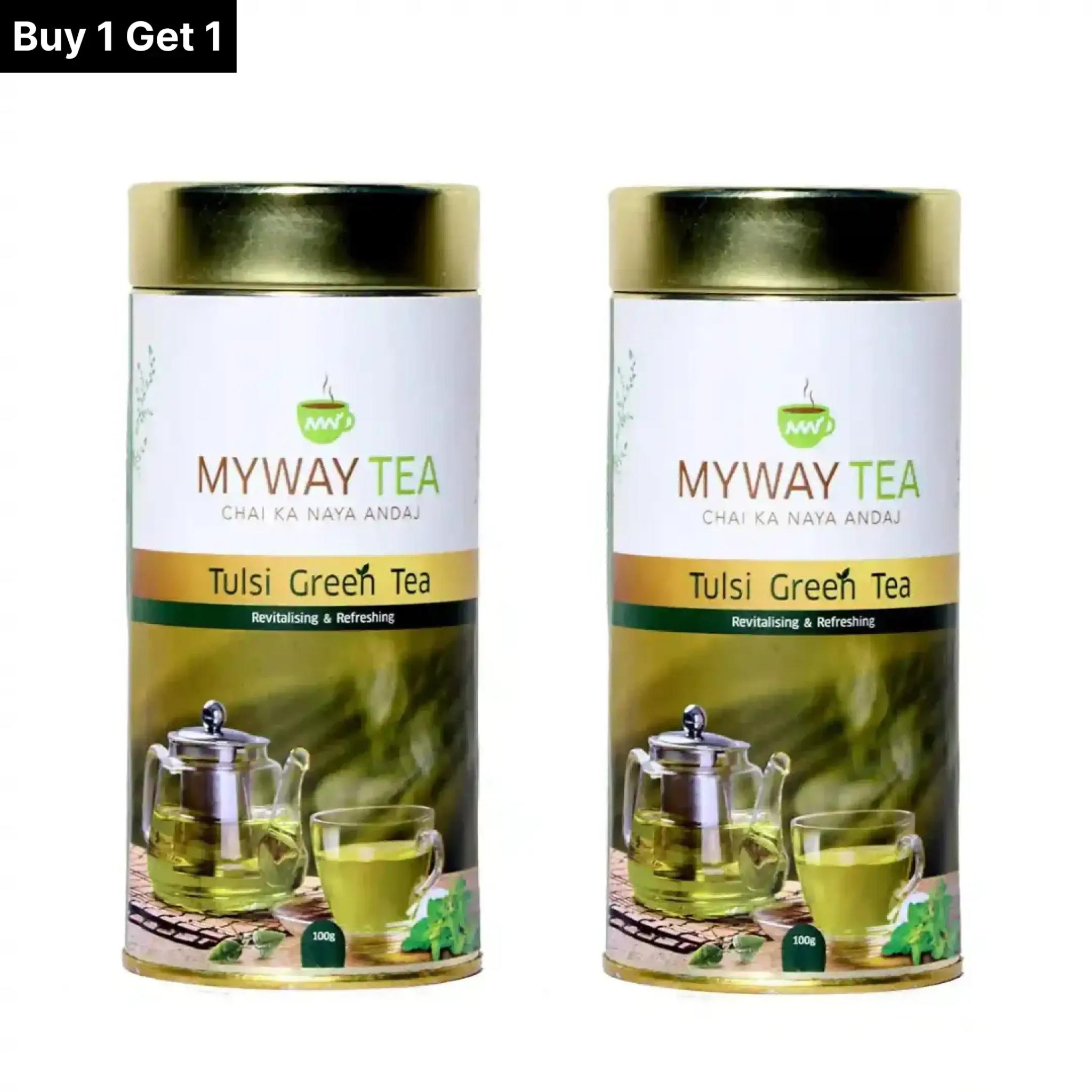 MYWAY TEA Tulsi Green Tea, Detox Green Tea Glowing skin antioxidants refreshes and tastes wonderful, Helps to Body Cleanse, Boost Immunity Promote Healthy & Glowing Skin, Zero Calories (200 gm) Pack of 2