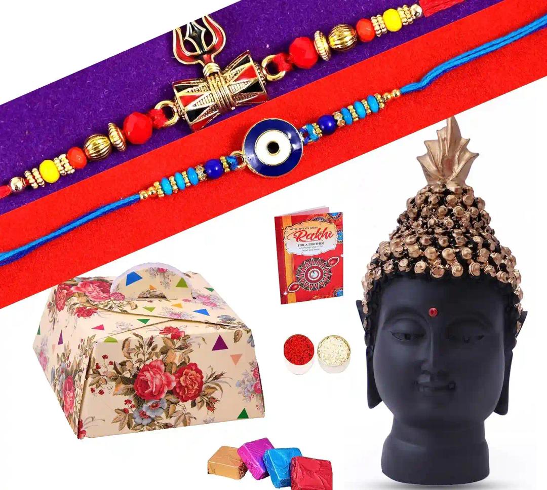 Rakhi For Brother Combo With Gift/Set Of 2 Rakhi With Chocolate/Rakhi For Brother With Sweets/Rakhi For Brother And Bhabhi-2 Premium Rakhi+Showpiece Figurine+Roli,Chawal Set+Rakhi Greeting Card