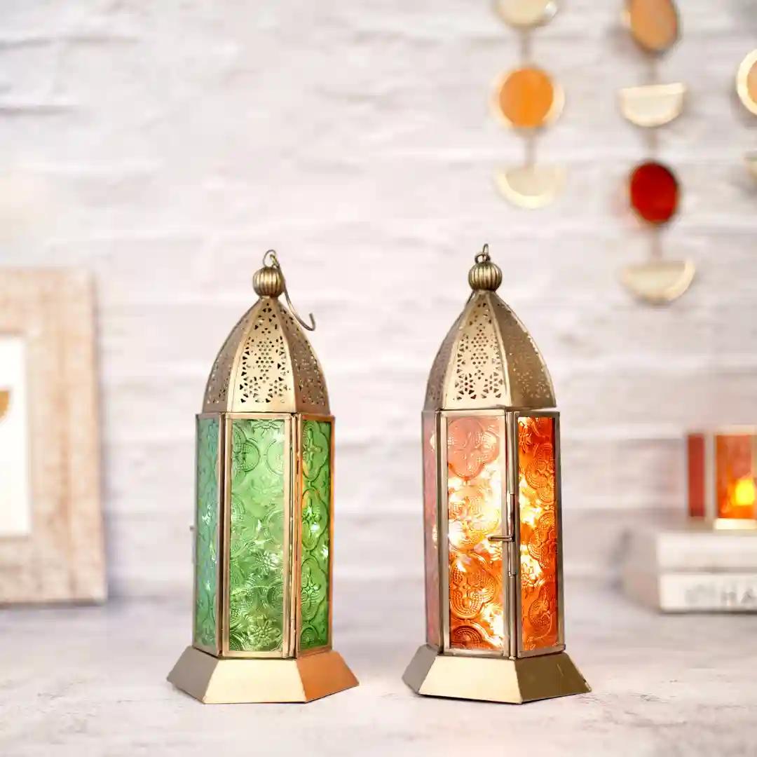 Behoma Moroccan Lanterns for Home Decoration Orange and Green Textured Glass | Metal Showpiece for Home Decor Living Room Study Room Table Hanging Lantern Lamp | Set of 2 Antique Gold Brass Small