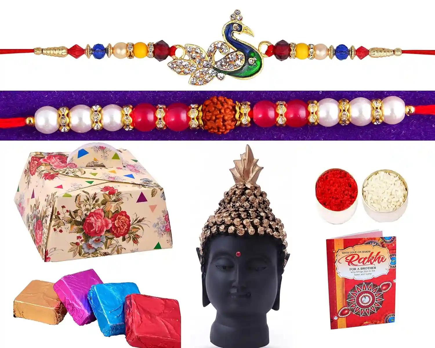 Rakhi For Brother And Bhabhi/Rakhi Gift For Brother/Rakhi Gift For Brother Kids Boys - Kundan Rakhi,Showpiece Figurine,Roli Chandan & Raksha Bandhan Greeting Card - Rakhi Gifts