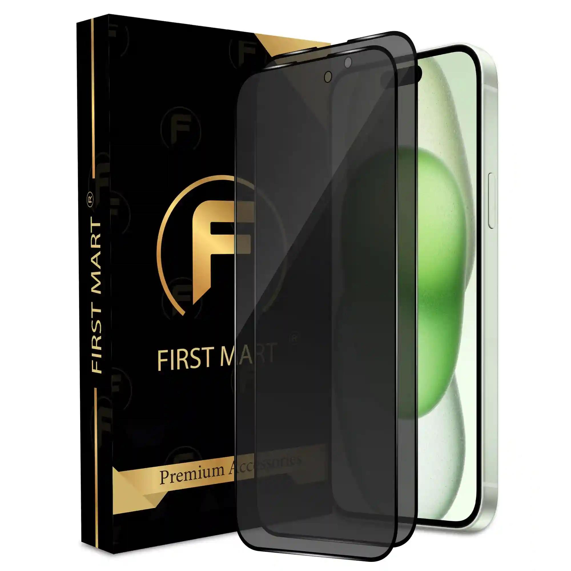 FIRST MART Edge to Edge Privacy Tempered Glass for iPhone 15 Plus Full Screen Coverage with Easy Installation Kit, 2 Pack Black Glossy AntiSpy Glass