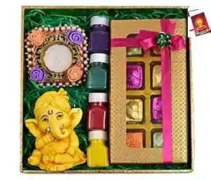 Diwali gift hampers/diwali gift box/diwali gift pack/diwali gifts for friends and family-decorated tray+designer square candle+Showpiece figurine+4 Rangoli Colours+Diwali Greeting Card