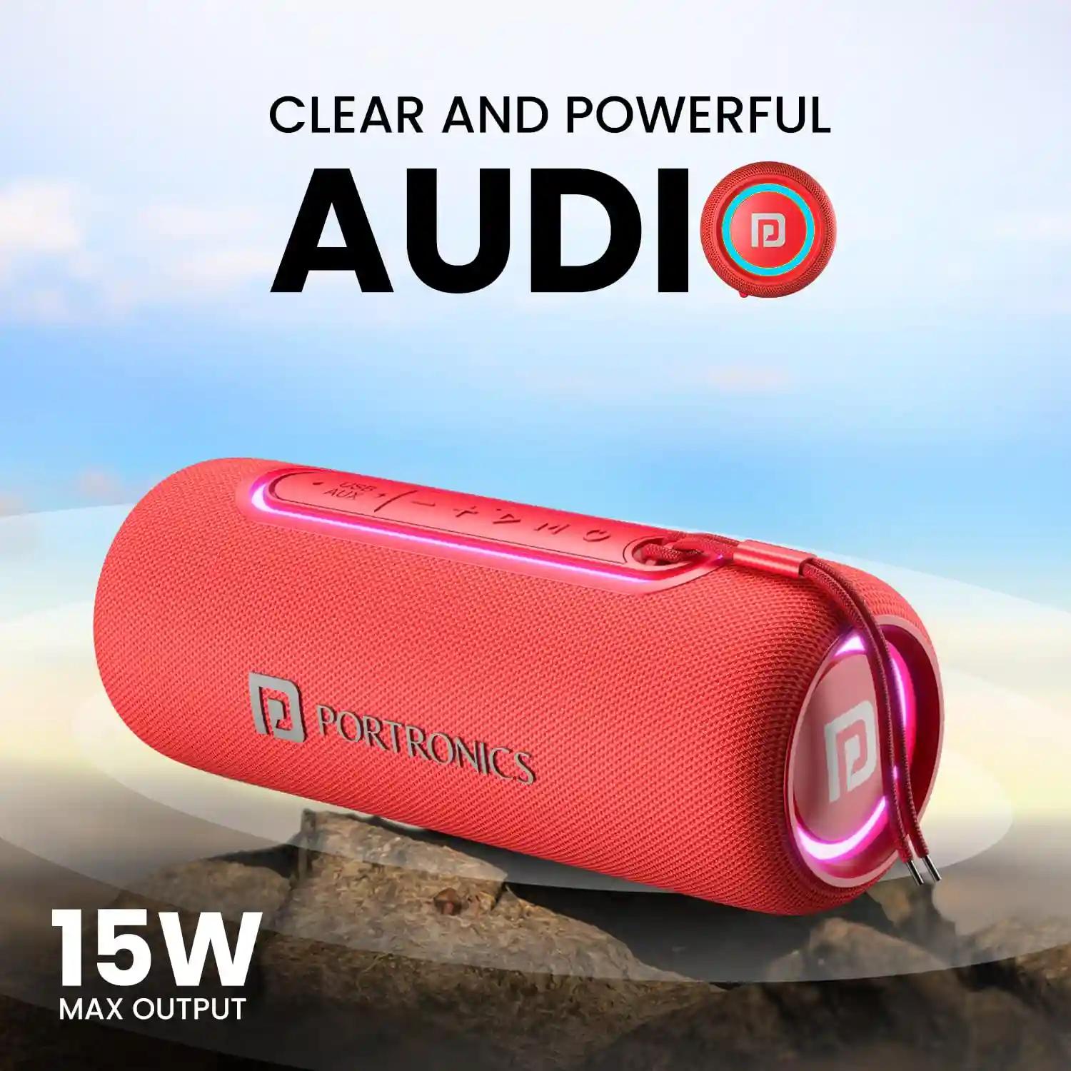 Portronics Resound 2 15W HD Sound Portable Wireless Bluetooth Speaker, In-built Mic, RGB Lights, TWS Connectivity, Bluetooth v5.3, IPX5 Water Resistant, Type C Charging Port(Red)