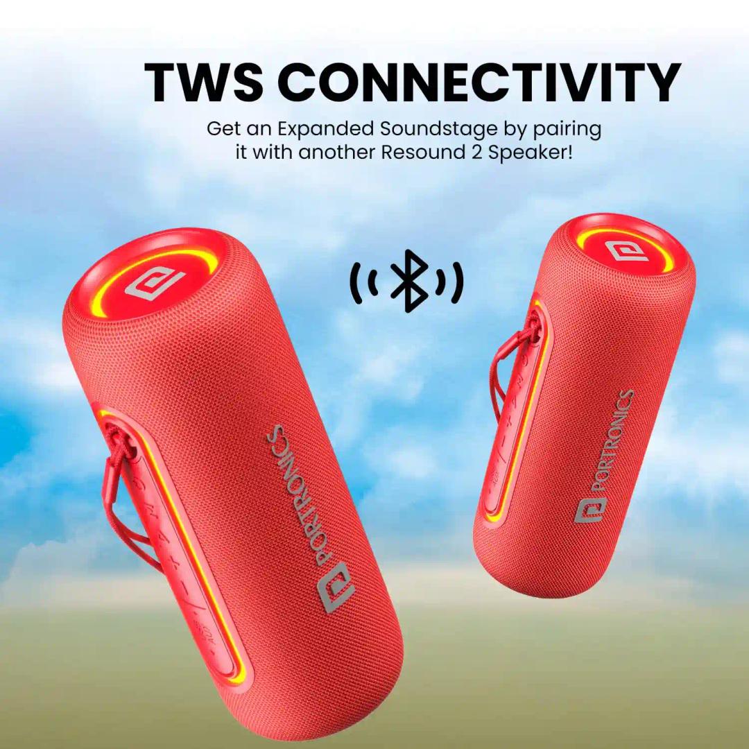 Portronics Resound 2 15W HD Sound Portable Wireless Bluetooth Speaker, In-built Mic, RGB Lights, TWS Connectivity, Bluetooth v5.3, IPX5 Water Resistant, Type C Charging Port(Red)