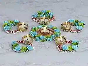 WEBELKART Designer Handmade Unique Set Of 5 Tealight Candle Holder For Home Decor, Mosaic Glass, Balcony Decoration Items Outdoor, Balcony Decor,Candle Stand,Flowers Diwali Diyas For Decoration Pack Of 5