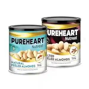 PUREHEART Nutreat Combo of Peeled Almonds Natural and Salted Roasted Almonds (333 gm, Each) Whole Blanched California Premium Almond Nuts Without Skin/Dried Badam/Dry Fruit