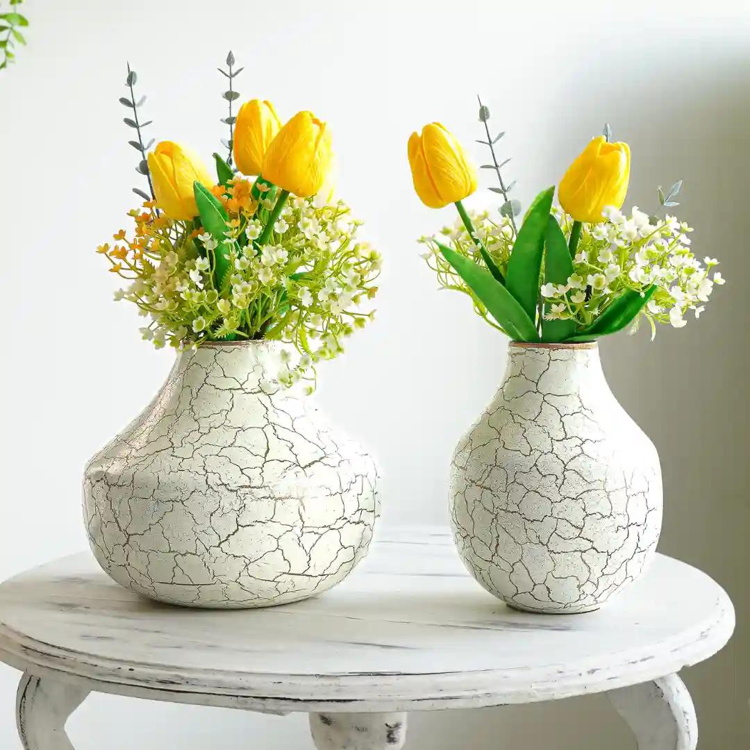 Behoma Metal Flower Vase for Home Decor Bedroom Living Room Office Wedding | Table Decorative Item for Festivals Birthday Off Multicolour Crackled White (Set of 2)