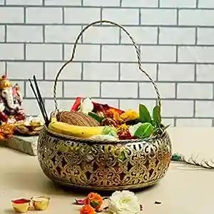 Dartistry Iron Flower Basket/Pooja Basket/Puja Room Decoration Items,Gold