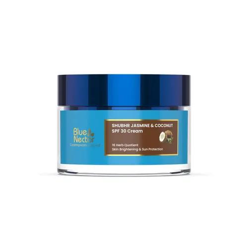 BLUE NECTAR Coconut Face Cream with SPF 30 Sunscreen for Women | Plant Based Oil Free Moisturizer for Face with Vitamin E | Brightening Sunscreen for Oily, Dry & Sensitive Skin (16 Herbs, 50g)