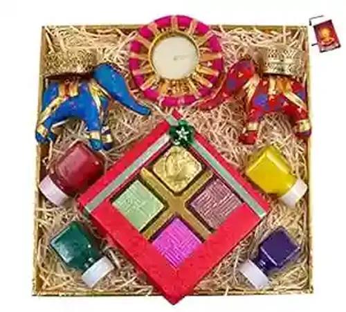 Diwali gift/diwali gift hamper/diwali gift pack/diwali chocolate hamper-decorated tray+Chocolate box+Pair of Elephant Shape Candle Holder+designr diya+4 Rangoli Colours+Diwali Greeting Card