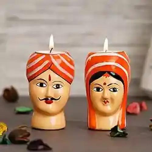 WEBELKART Premium Handmade Kaka Kaki | Seth Sethani | Raja Rani Rajasthani Couple Tealight Candle Holder for Home | Kaka kaki face Tealight Holder for Diwali Decoration, Paper