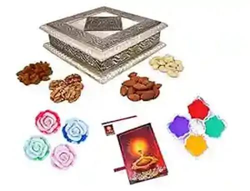 MANTOUSS Diwali Oxidised Dry Fruit Hamper/Pack/Combo-Cashew,Almond,Walnut and Raisin (50gms Each) 200gms + 2 Floating Diya, Diwali Greeting Card and Rangoli Colours