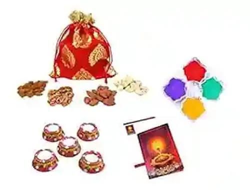 MANTOUSS Diwali Dry Fruit Red Exclusive Potli-Cashew,Almond,Walnut and Raisin (50gms Each) 200gms +2 Matki Wax Filled Diya, Diwali Greeting Card and Rangoli Colours