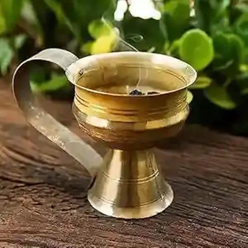 ALODIE - Brass Dhoop Holder | Dhunuchi | Sambrani Dhoop Holder | Dhup Stand Loban Burner With Handle | Purifying Loban Burner Dhuna Dhoop Dani Incense Burner For Home Office Temple God Dhuni Puja Positive Energy