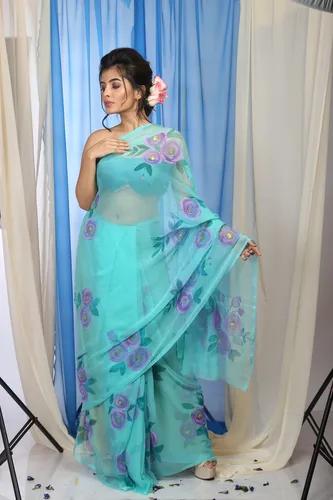 Pure Organza Hand-Painted Turquoise Saree With Rose Flower Design