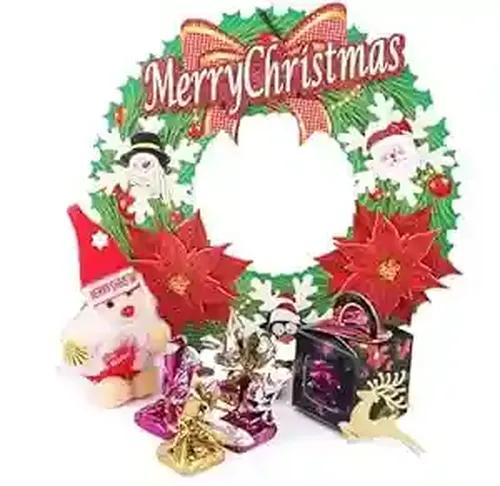 Christmas decoration items/christmas tree decoration/christmas gifts/christmas gift hamper/Christmas hamper-Wreath for front door+Chocolate box+Soft toy+Christmas greeting card