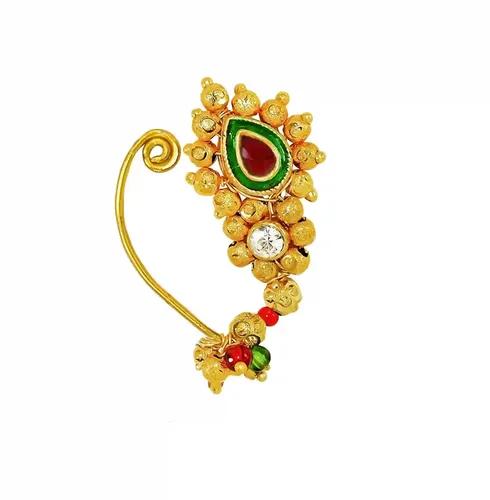 JEWELOPIA Maharashtrian Nath Clip-On Gold with ruby diamond Nathiya without piercing Nose Ring For Women and girls