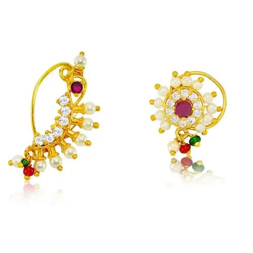 JEWELOPIA Maharashtrian AD Nath Combo CZ Nose Stud Pin Traditional Bridal Nath Wedding Jewelry Marathi Ad Nose Ring Without Piercing Pearl Gold Plated Clip On Press Nath For Girls