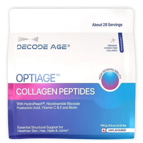 DECODE AGE OptiAge Collagen Supplement | Supports Hair, Skin, Bone and Joint Health | Type 1 Hydrolysed Collagen, HydroPeach, NR, Vitamin C& E, Hyaluronic Acid, Biotin | 150 gm, 28 Servings