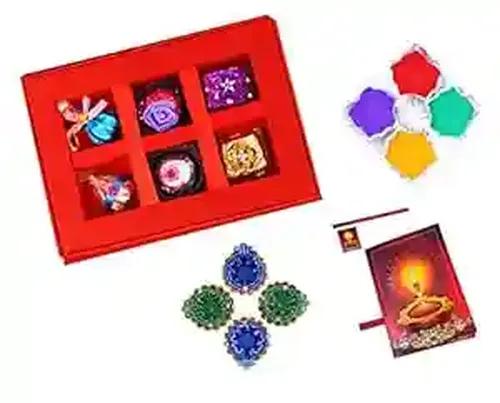 MANTOUSS Diwali Chocolate Gift in Premium Red Satin Box + 2 earthern Diya, Diwali Greeting Card and Rangoli Colours