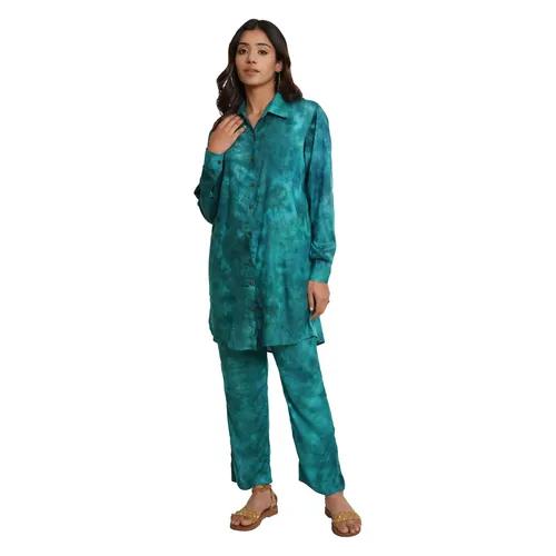 Teal Green Tie And Dye Rayon Long Co-Ord Set (Set of 2)