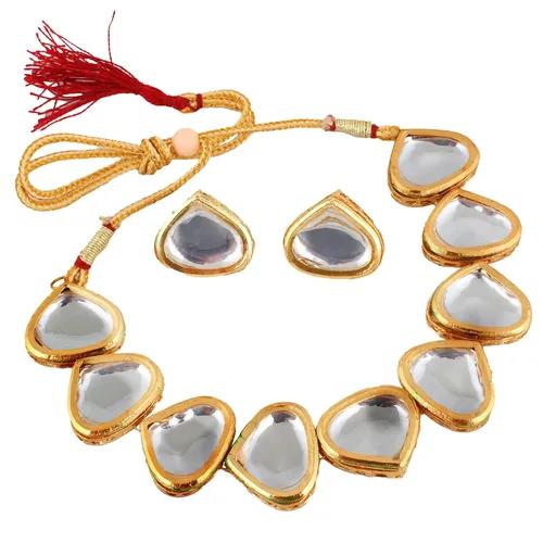 Gold Plated(18k) Triangle Kundan Stone Necklace Set - White