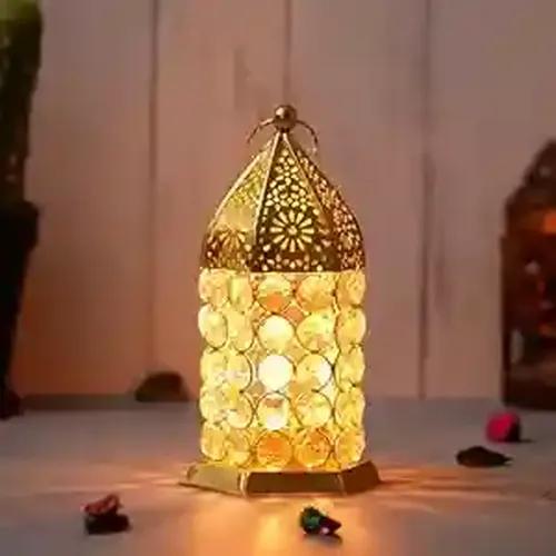 WEBELKART Premium Crystal Lantern Shape Tealight Candle Holder for Home Decor |Tealight Holder for Diwali Decor (6.49" Inches Gold) Table Candle Stand