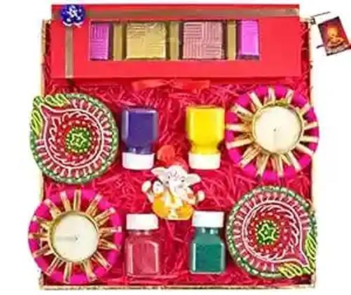 Diwali gift box/Diwali gifts for corportae employees/diwali gift hamper/diwali chocolate gift-decorated tray+Chocolate box+2 earthern diya+2designer diya+Showpiece figurine+Rangoli Colours+Diwali Card