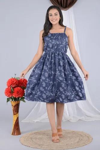 Floral Print Blue Strap Dress for Women