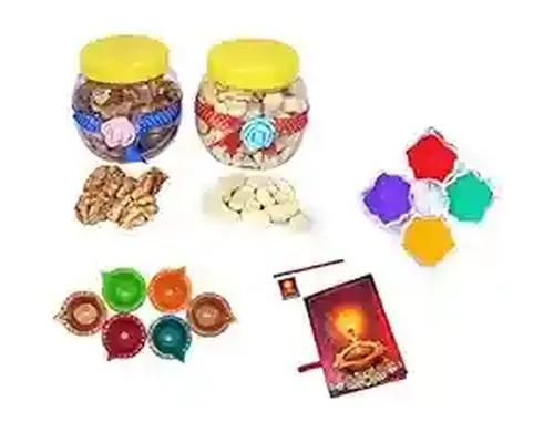 MANTOUSS Diwali Dry Fruit Decorated Jar-Cashew and Walnut(100gms Each),200 GMS + 2 Cute diyas, Rangoli Colours and Diwali Greeting