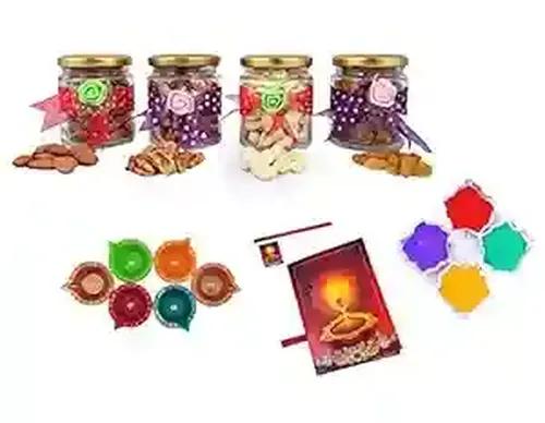 MANTOUSS Exclusive Diwali Dry Fruit Decorative Glass Jar-Cashew,Almond,Walnut and Raisin (100gms Each),400 GMS + 2 Cute diyas, Rangoli Colours and Diwali Greeting