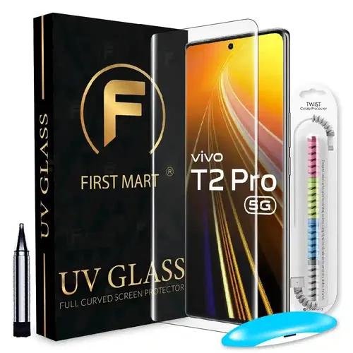 FIRST MART Tempered Glass for Vivo T2 Pro 5G / V27 Pro 5G / V29 Pro 5G with Edge to Edge Full Screen Coverage and Easy UV Glue Installation Kit and Cable Protector, Pack of 1