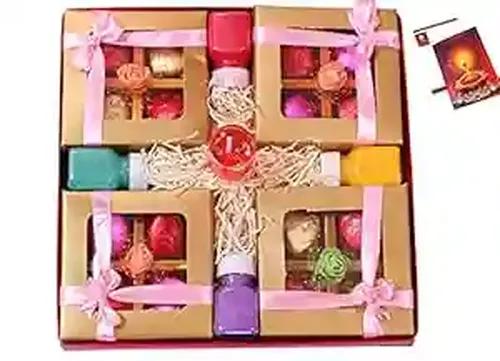 Diwali gifts for friends and family/Diwali gift for employees/Diwali gift items for corporate employee-4 boxes of Handcrafted Chocolates+gel filled glass candle+rangoli colours+Deepawali greeting card