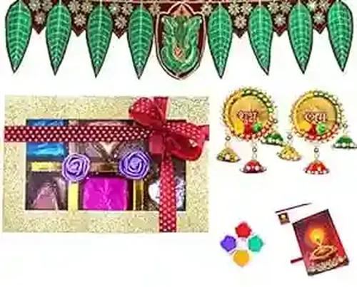 MANTOUSS Diwali Gift Hamper/Chocolate Gift Pack-Handmade choocolate Box+Beautiful Ganesha Toran+Pair of Handmade shubh labh Side Room Hanging+4 Rangoli Colours+Diwali Greeting Card