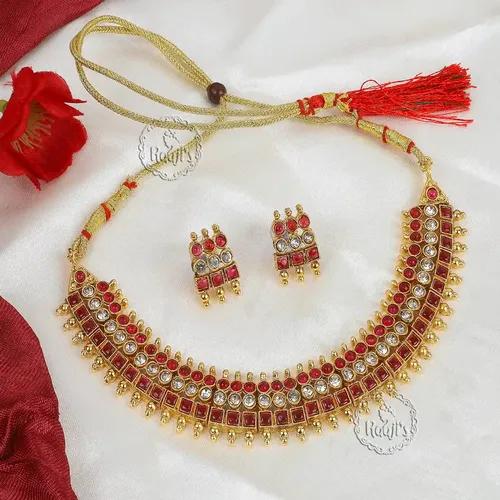 Real Kemp Square Design Choker Necklace Set for Women - Red