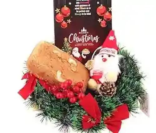 Christmas gift for friends/Christmas gift box/Christmas gifts/Christmas gift hamper/Christmas cake gift-Wreath+Plum cake+Christmas decoration items+Santa clause soft toy+Christmas Greeting Card