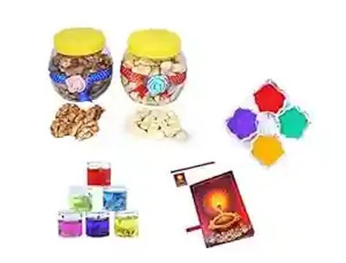 MANTOUSS Diwali Dry Fruit Decorated Jar-Cashew and Walnut(100gms Each),200 GMS + 2 Gel Filled Glass Candle, Diwali Greeting Card and Rangoli Colours