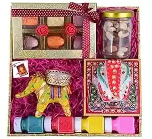 MANTOUSS Diwali Chocolate Hamper/Chocolate Gift Pack-Decorated Tray+Chocolate Box+Mix Dry Fruits+Elephant Style Candle Holder with tealight+Chowki Ganesha+4 Rangoli Colours+Deepawali Greeting Card