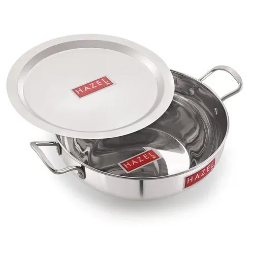 HAZEL Induction Base Kadai Kadhai | Stainless Steel Deep Karahi Induction Bottom Kadahi with Steel Lid Cover Cookware Utensil