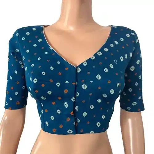 Bandhani Cotton V Neck Blouse with lining - Iris Blue