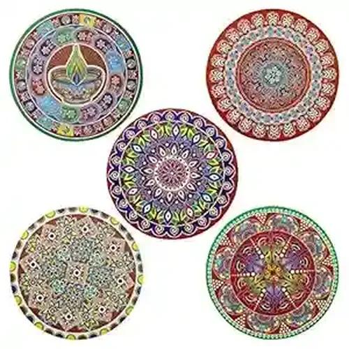 WEBELKART Premium Pack of 5 Diwali Rangoli Set Stickers Floor Decoration Wall Décor Self Adhesive Sticker Rangoli Waterproof Vinyl Floor Sticker Multicolor 14" Inches