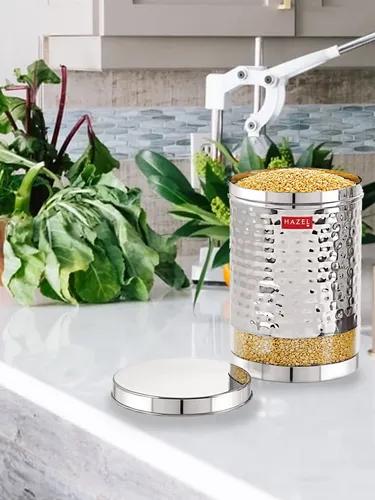 HAZEL Stainless Steel Container For Kitchen Storage Hammered Finish Transparent See Through Glossy Storage Jar Dabba