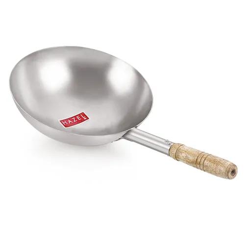 HAZEL Chinese Wok with Handle | Stainless Steel Chinese Kadai for Noodles | Fried Rice Kadai with Handle Big Size | Deep Fry Pan