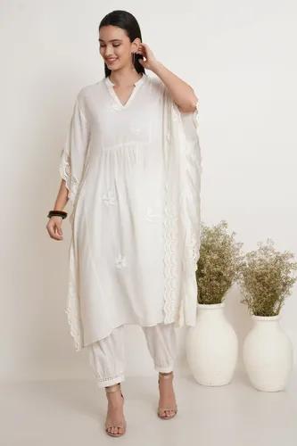 Off White Hand Embroidered Kaftan