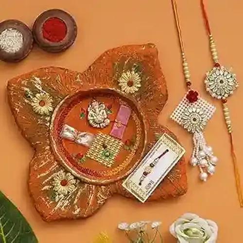 WEBELKART Ganesha Puja Thali Set with Rakhi for Bhaiya and Bhabhi for Diwali Poojan/Pooja Room/Diwali Gifting | Gift for Brother and Sister