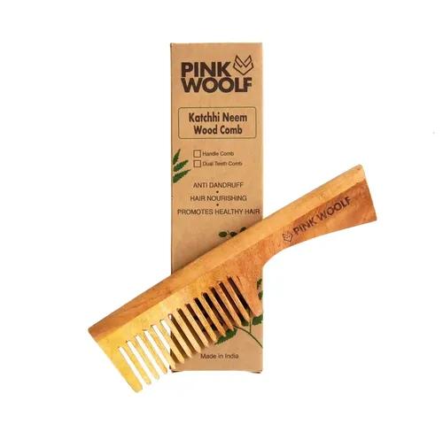 PINK WOOLF Handmade Neem Wooden Comb, For Clean, Shiny and Healthy Hair, Detangle and Control Frizz, for Women & Men Pack of 1 (Wide Tooth with Handle)