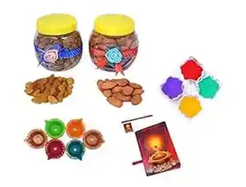 MANTOUSS Diwali Dry Fruit Decorated Jar-Almond and Raisin(100gms Each),200 GMS + 2 Cute diyas, Rangoli Colours and Diwali Greeting