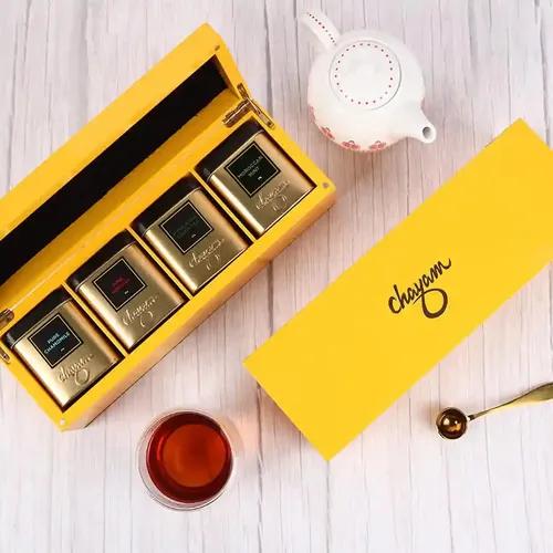 Chayam Exotic Tea Gift Box Wooden | Himalayan Green Tea 50g, Moroccan Mint 30g, Hibiscus Flower Tea 30g & Pure Chamomile 30g | Luxury Tea gift Set | Gourmet Tea Gift