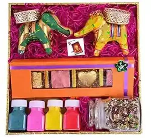 MANTOUSS Diwali Gift hampers/Diwali Chocolate Gift Pack/-Decorated Wooden Tray+Handmade Chocolate Box+Pair of Elephant Shape Candle Holder+4 Rangoli Colours in Jars+Chocolate mukhwas+Greeting Card